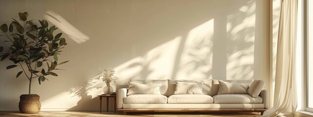  A living room featuring a white couch and a potted plant in its corner against the wall