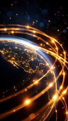 Obraz premium A glowing representation of global connectivity with golden lines across a digital Earth, highlighting network and communications technology.