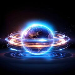 A visually stunning digital artwork depicting a futuristic glowing globe with rings of energy, symbolizing advanced technology and global connectivity.