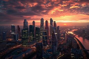 Obraz premium Modern skyscrapers of Moscow City at sunset, 