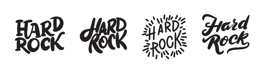 Collection of Hard Rock text lettering. Hand drawn vector art.