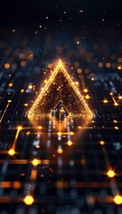 Obraz premium Futuristic glowing arrow made of gold particles in a dark digital matrix, symbolizing progress, direction, and technology advancement.