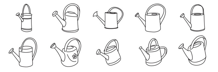 Collection of watering can isolated in doodle style. Hand drawn vector art.