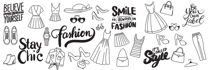 Collection of fashion icons set in doodle style. Hand drawn vector art