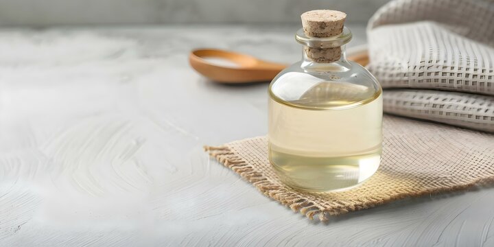Oil pulling remedy in glass container for oral health wellness routine. Concept Oral Health, Oil Pulling, Wellness Routine, Glass Container, Remedy
