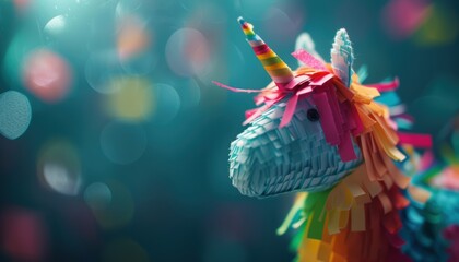 Colorful unicorn pinata against a bokeh background, creating a festive and magical atmosphere perfect for celebrations and parties.