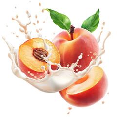 Delicious peaches splashing with leaves in milk, yogurt, or smoothie, cut out