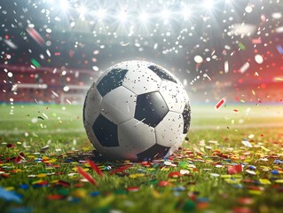 Fototapeta premium Triumphant Soccer Ball Amidst Celebratory Confetti in Floodlit Stadium