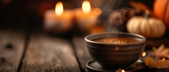 Cozy autumn scene with a steaming bowl of soup on a rustic wooden table, surrounded by pumpkins, candles, and autumn leaves.