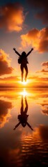 Silhouette of a person jumping against a stunning sunset sky over water, reflecting both the figure and the vibrant clouds. Motivational scene.