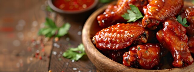  A wooden table holds a bowl filled with chicken wings bathed in sauce Parсsley garnishes the dish