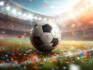Fototapeta premium Triumphant Soccer Ball Illuminated by Spotlights with Celebratory Confetti in Stadium