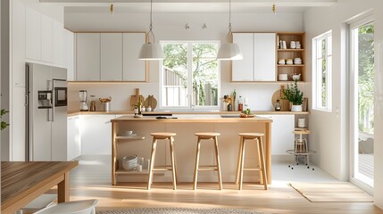 Fototapeta premium Scandinavian Kitchen: Minimalist and functional with a focus on simplicity. Light wood finishes, white cabinetry, clean lines, and lots of natural light with subtle pops of color. 