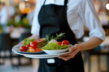 Restaurant Service, Fine Dining, Gourmet Experience Concept. Waiter in Uniform Serving Freshly Prepared Healthy Dishes with Vegetables. Culinary Arts, Hospitality, Professional Service.