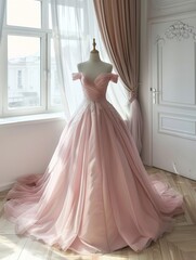 Fototapeta premium Elegant luxury pink wedding dress showcased on a mannequin, perfect for bridal fashion concepts