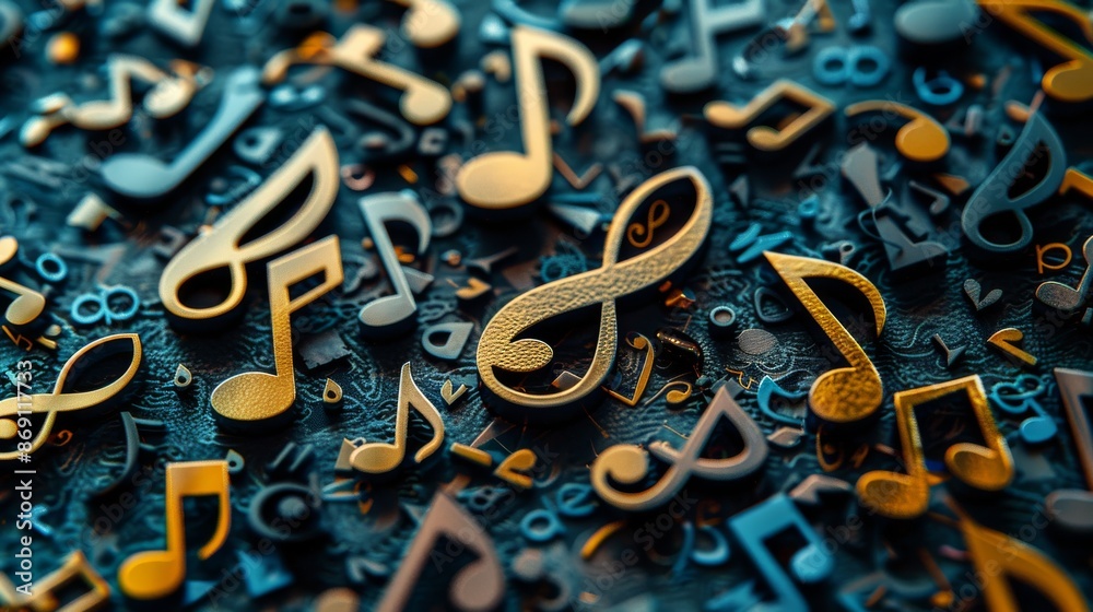 Poster a close-up image of various gold and blue musical notes scattered across a dark textured surface, cr