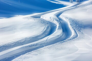 Snowy hill with trail cutting through, ski tracks visible, Abstract patterns of ski tracks in the snow