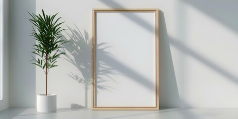 3D rendering of blank wooden A4 frame mockup interior background. Concept 3D Rendering, Blank Wooden Frame, Mockup Interior, Background