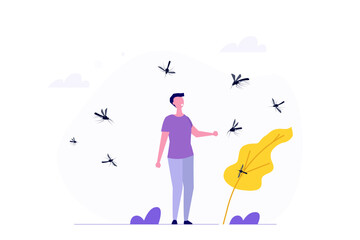 Swarm of mosquitoes attacking, fearing bites and the risk of contracting malaria concept. Vector illustration.