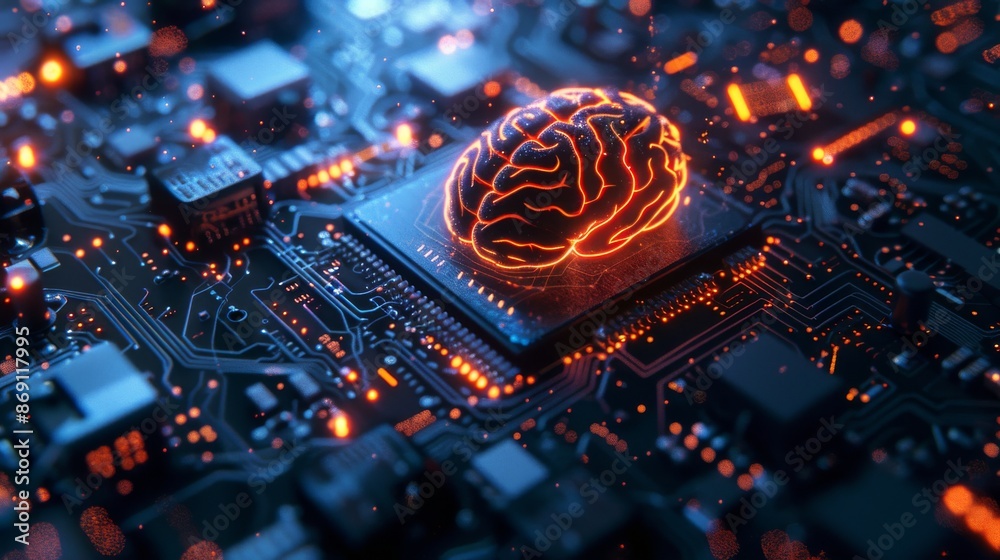 Poster a detailed image of a computer processor with a glowing brain icon symbolizing powerful processing c