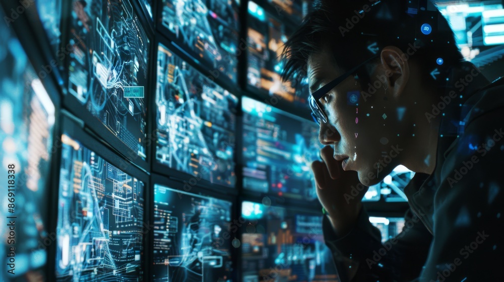 Poster a cybersecurity expert examines data on multiple screens in a dark room, emphasizing the importance 