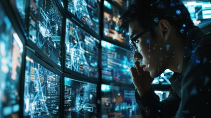 Fototapeta premium A cybersecurity expert examines data on multiple screens in a dark room, emphasizing the importance of encryption for secure data management