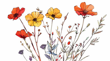 Wildflowers On Stem Vector Illustration Handdrawn Vector