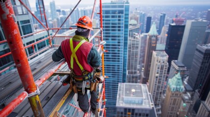A construction worker wearing safety gear inspects scaffolding on a high-rise building overlooking a bustling cityscape