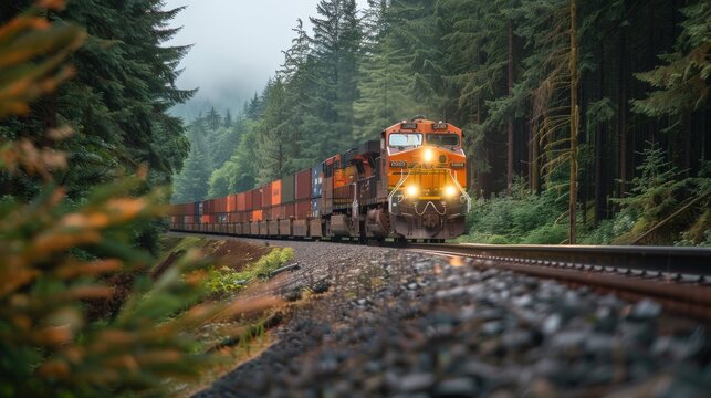 A low-angle view of a freight train hauling sea containers as it travels through a scenic, forested landscape