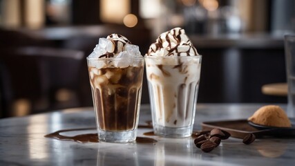 Chocolate ice, mocha ice, iced coffee, cold drinks, chocolate ice and whip cream, iced coffee and whip cream, mocha ice and whip cream, cold drinks in summer
