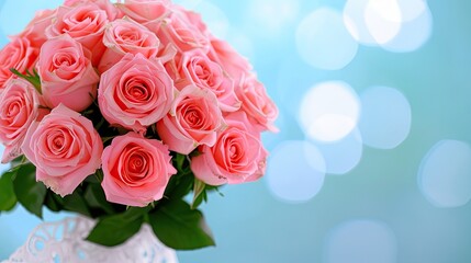 A beautiful bouquet of pink roses against a blurred blue background. Perfect for romantic, wedding, or Valentine's Day themes.