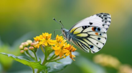 Obraz premium A beautiful butterfly perched delicately on a vibrant yellow flower with a blurred green background, showcasing the beauty of nature.