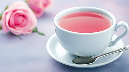 Fototapeta premium A serene image of a white cup with pink tea, accompanied by a silver spoon and pink roses on a pastel background.