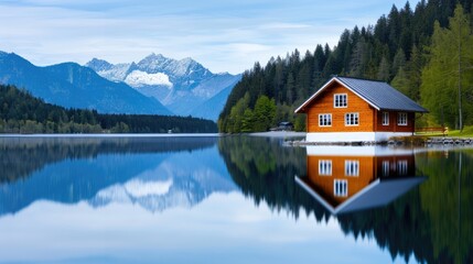 A serene lakeside cabin with a perfect reflection in calm water, surrounded by lush forest and snow-capped mountains under a clear blue sky.
