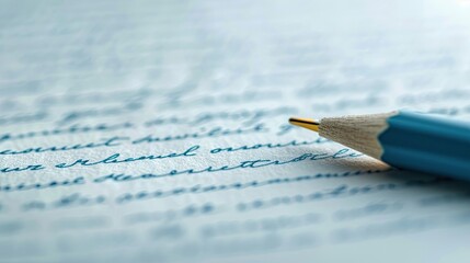 Close-up of a pencil resting on handwritten text on a sheet of paper, capturing the essence of writing and creativity.