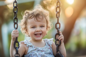 A child is a little girl with a big smile playing on a swing in the park