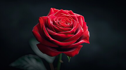 Close-up of a single red rose in full bloom against a dark, blurred background. The rose petals are vibrant and detailed, creating a striking contrast.