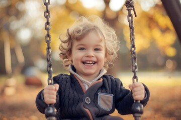A child with a big smile playing on a swing in the park