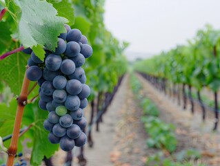 Fototapeta premium Close-up of ripe grapes hanging on the vine in a lush vineyard, showcasing the beauty and abundance of grape farming.