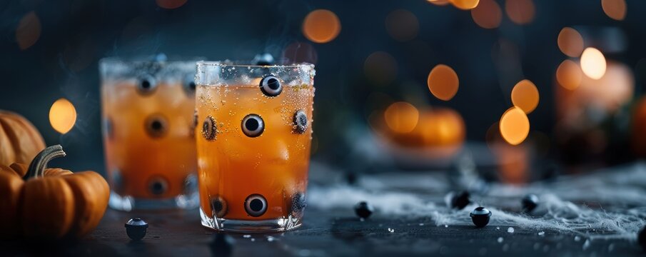 Festive Halloween cocktails adorned with spooky eyeballs and pumpkins with a bokeh effect in the background.