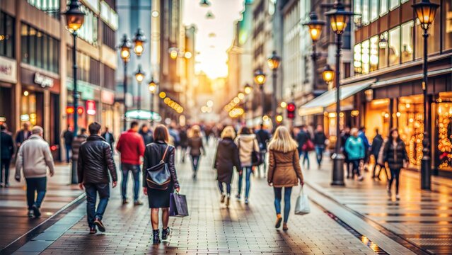 City Shopping Street Blur: A blurred background of a shopping street in the city with people walking, perfect for retail and urban lifestyle themes.	
