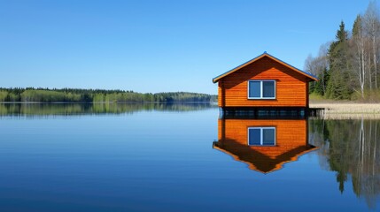 Obraz premium Idyllic wooden house on tranquil lake with perfect reflection, surrounded by lush forest and clear blue sky in serene nature setting.
