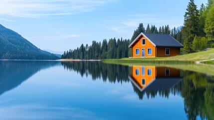 Fototapeta premium Serene lakeside cabin surrounded by lush forest and mountains, reflecting beautifully on the clear water under a bright blue sky.