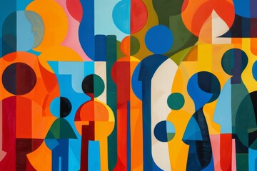 A painting featuring a group of people portrayed in various colors and abstract shapes, Abstract shapes and colors depicting the concept of planning for a family