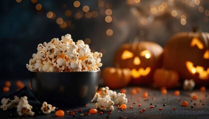 Festive Halloween scene with carved pumpkins and a bowl of popcorn. Perfect for holiday-themed content and celebration visuals.
