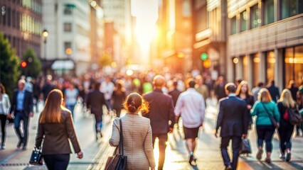 Busy City Sidewalk Blur: A blurred background of a busy city sidewalk with people walking, ideal for urban lifestyle designs.	
