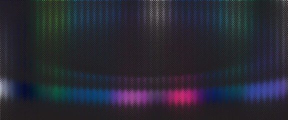 Obraz premium Abstract halftone dotted digital technology background with futuristic night city and neon light effect. Cyberpunk and retrowave design for technology, hi-tech and science concept