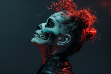 Halloween portrait of an evil woman. Female horror with dark face. Black person in fantasy, scary monster. Skull costume and young demon. Death beauty, dead zombie. Lady with