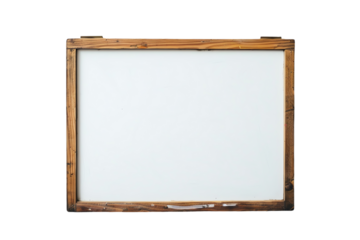 Empty whiteboard with a wooden frame, isolated on a white background. Perfect for presentations or educational purposes.
