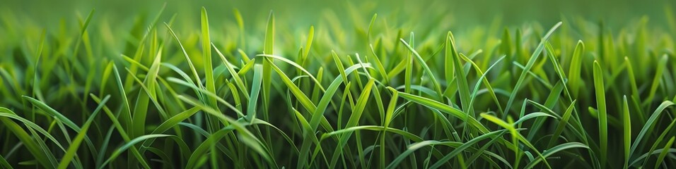 Panoramic background of green grass, symbol of environmental protection, eco-friendliness, green, and cleanliness.